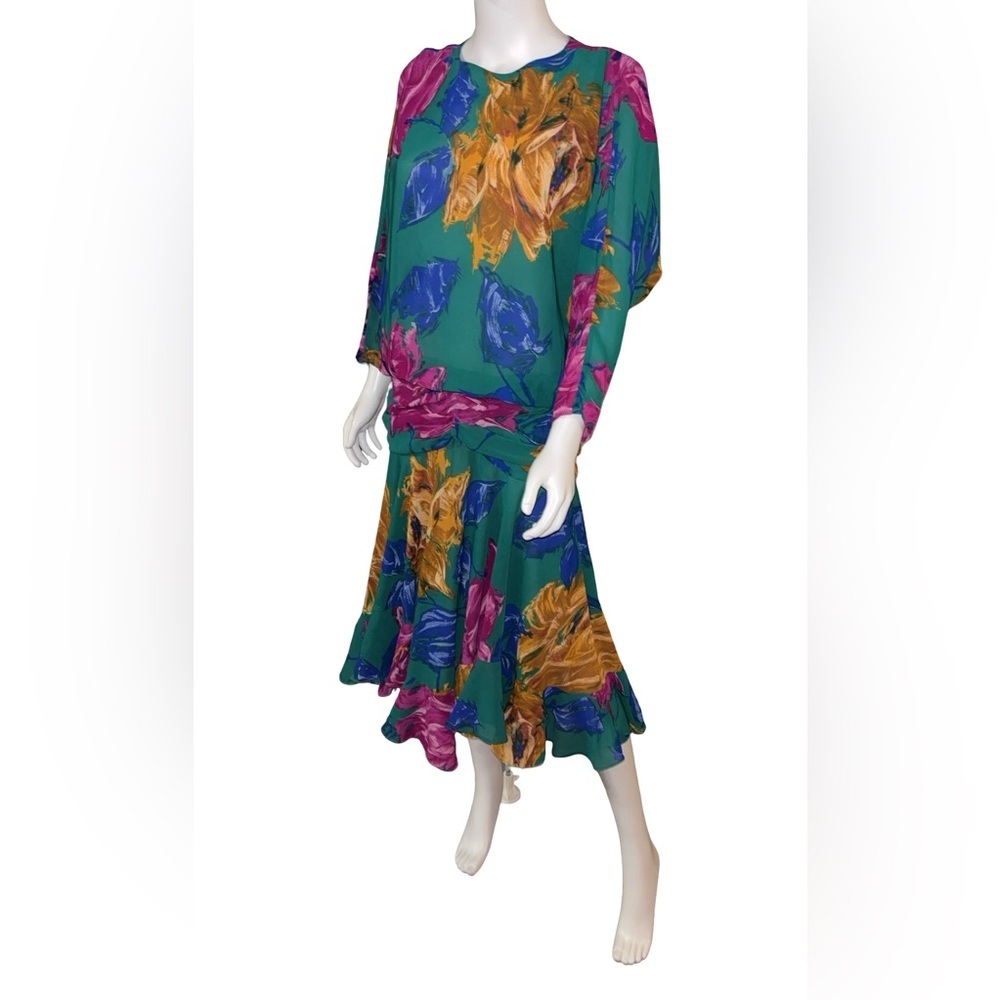Vintage Kono New York Green Floral Ruched Dress P2P 22”